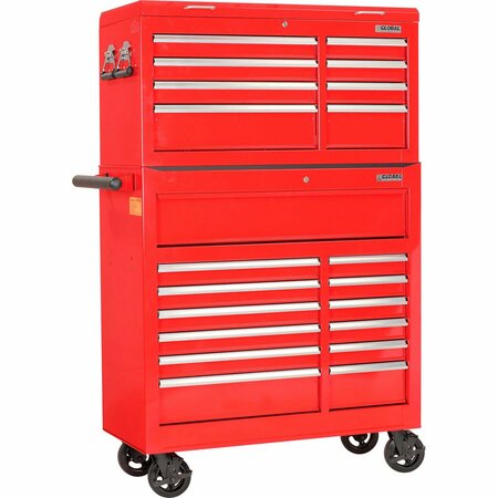 GLOBAL INDUSTRIAL 42-3/8in x 18in x 60-7/8in 21 Drawer Red Roller Tool Cabinet & Chest Combo 410205